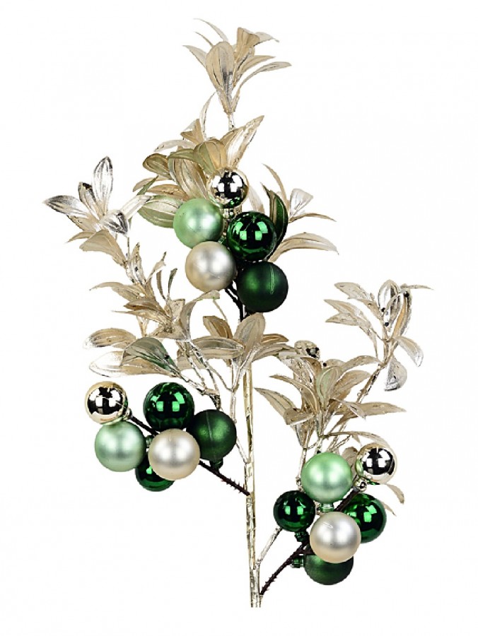 Sage & Champagne Christmas Leaf Spray Stem With Multi-Tone Baubles | 62cm