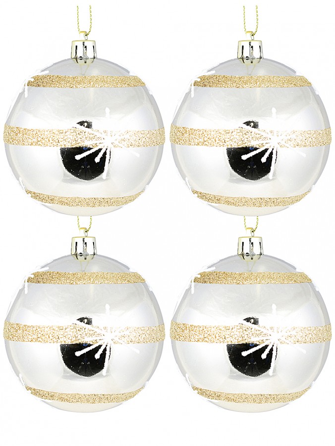 4x 80mm Shiny Champagne Baubles With Glitter Bands & White Stars