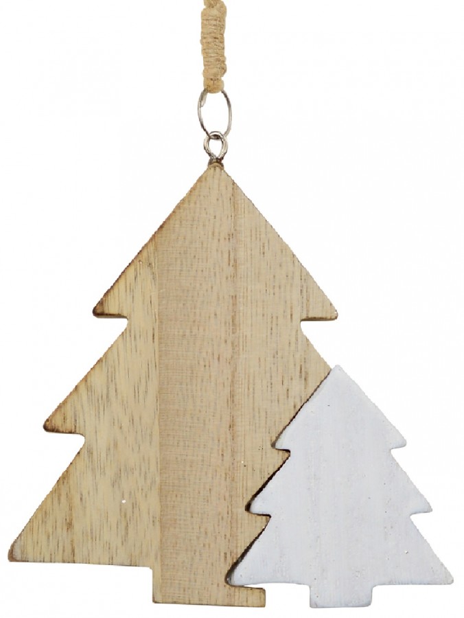 Natural & White Wooden Christmas Trees Hanging Decoration - 10cm