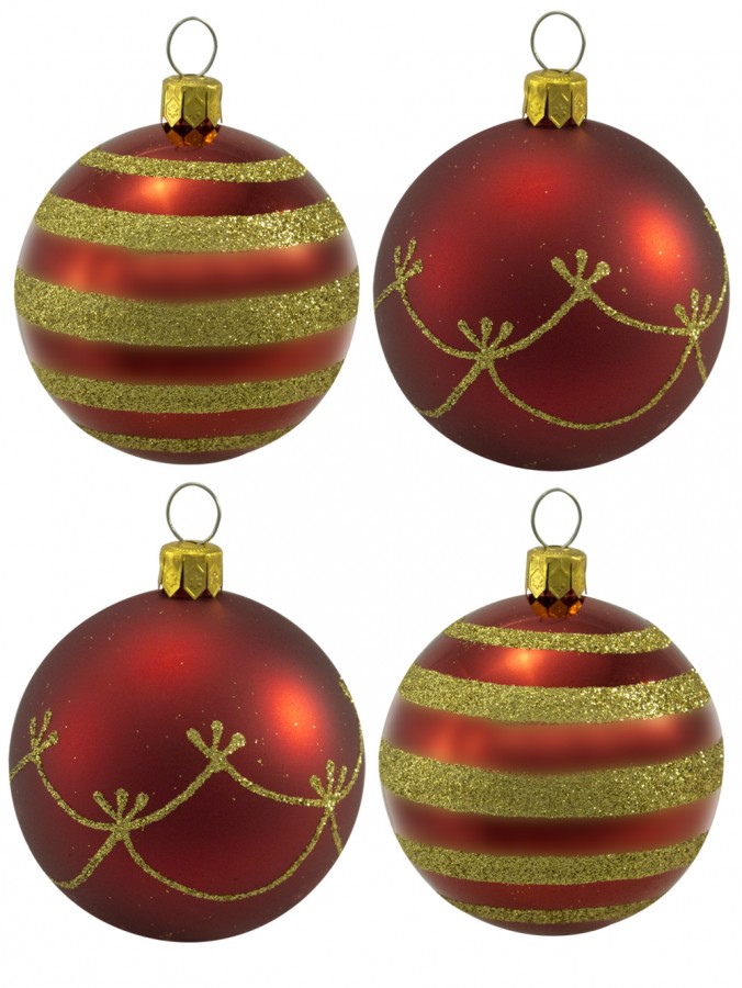 Traditional Red With Gold Glittered Pattern Baubles - 12 x 60mm