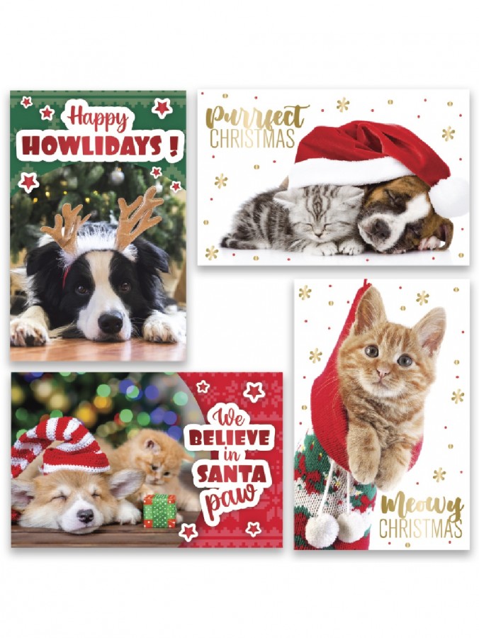 Cats & Dogs Design With Metallic Text Christmas Greeting Cards - 10 x 175mm