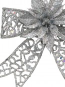 Silver Mesh Look Ribbon Bow & Poinsettia Christmas Decoration - 15cm