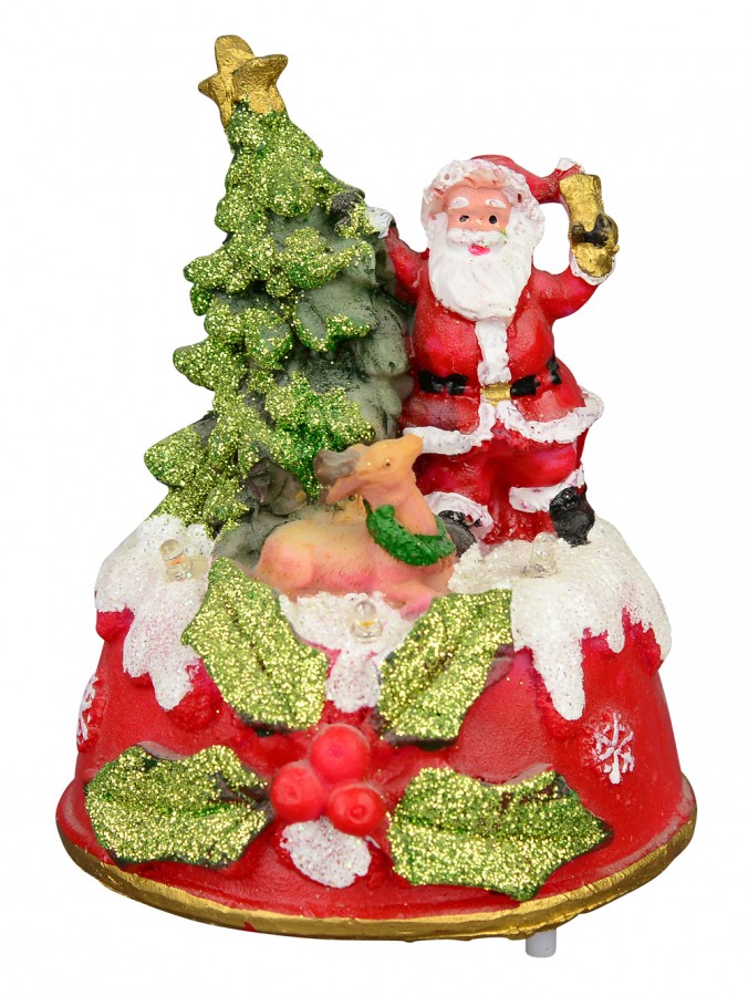 Santa with Tree & Reindeer On Red Snow Covered Dome With LED Lights - 13cm