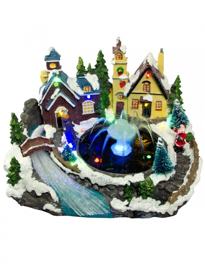 Illuminated & Animated Town Scene With Water Fountain Ornament - 27cm