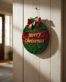 43cm Red & Green Decorated Merry Christmas Bauble Tinsel Plaque Ornament