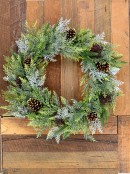 60cm Mixed Needle Tips Wreath With Glitter Pinecones & Rattan Look Stars