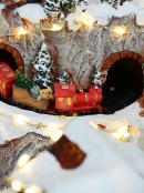 Pond Ice Skating, Windmill & Mountain With Train Christmas Village Scene - 48cm