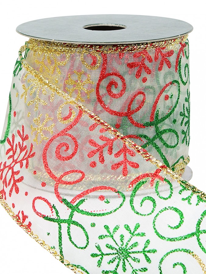 Snowflakes & Swirl Patterns On Sheer Christmas Ribbon With Gold Edging - 3m