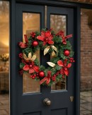 40cm Christmas Wreath With Red Poinsettia, Gold Leaves, Berries & Ribbon