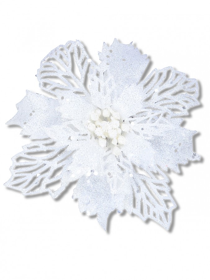18cm White Iridescent Glitter Bract & Leaf Poinsettia Flower Christmas Clip Pick