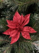 19cm Red Glitter & Sequin Poinsettia Flower Christmas Tree Stem Pick