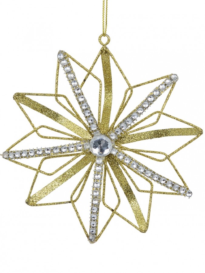 Gold 3D Star Flower With Diamante Christmas Tree Hanging Decoration - 13cm