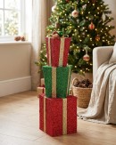 Tiered Red & Green Layered Tinsel Gift Boxes Large Display Decoration | 71cm