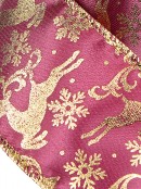 Gold Reindeer Pattern On Burgundy Christmas Ribbon With Gold Edging - 3m