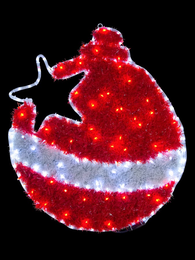 Red & White Tinsel Bauble With Cool White LED Rope Light Silhouette - 70cm