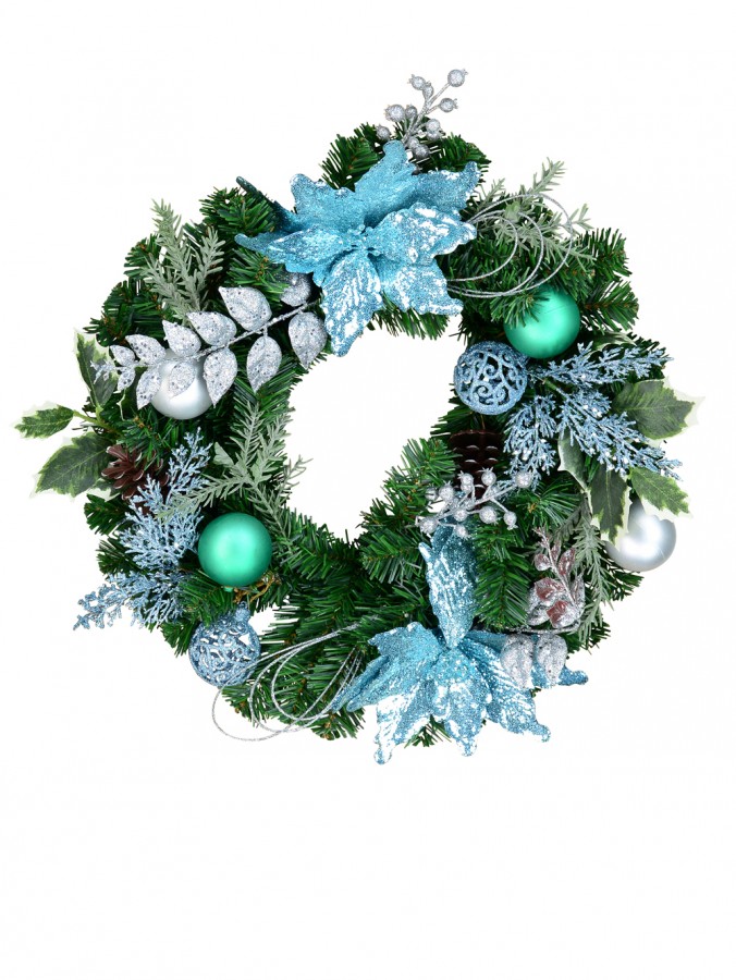 Decorated Blue Poinsettia, Pine Cone, Foliage & Baubles Pine Wreath - 45cm
