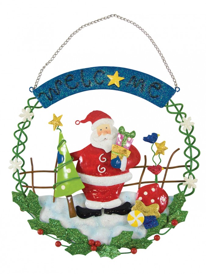 Santa & Holly Metal Wreath Hanging Ornament - 26cm