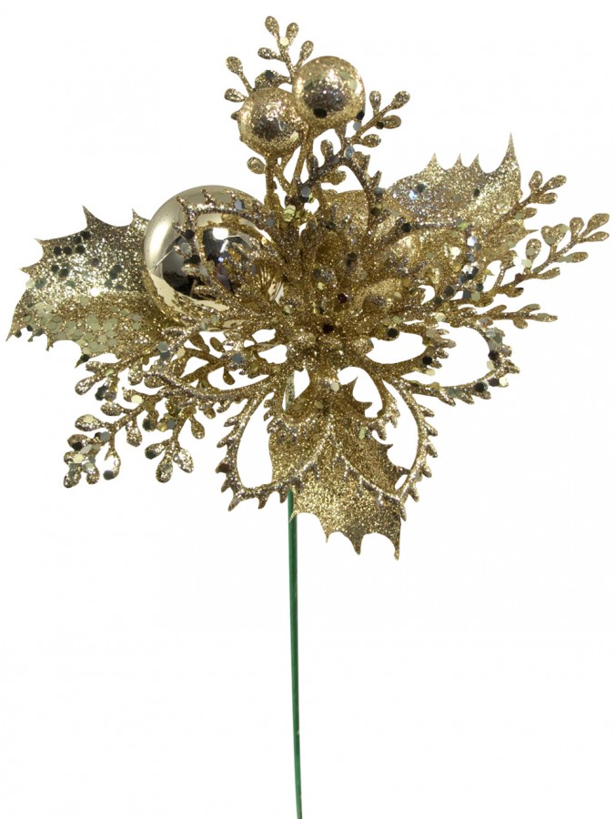 Gold Decorated Poinsettia Decorative Pick - 11cm