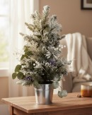 66cm Flocked Foliage Bouquet Tabletop Tree | 70 Tips & Silver Tin Pot