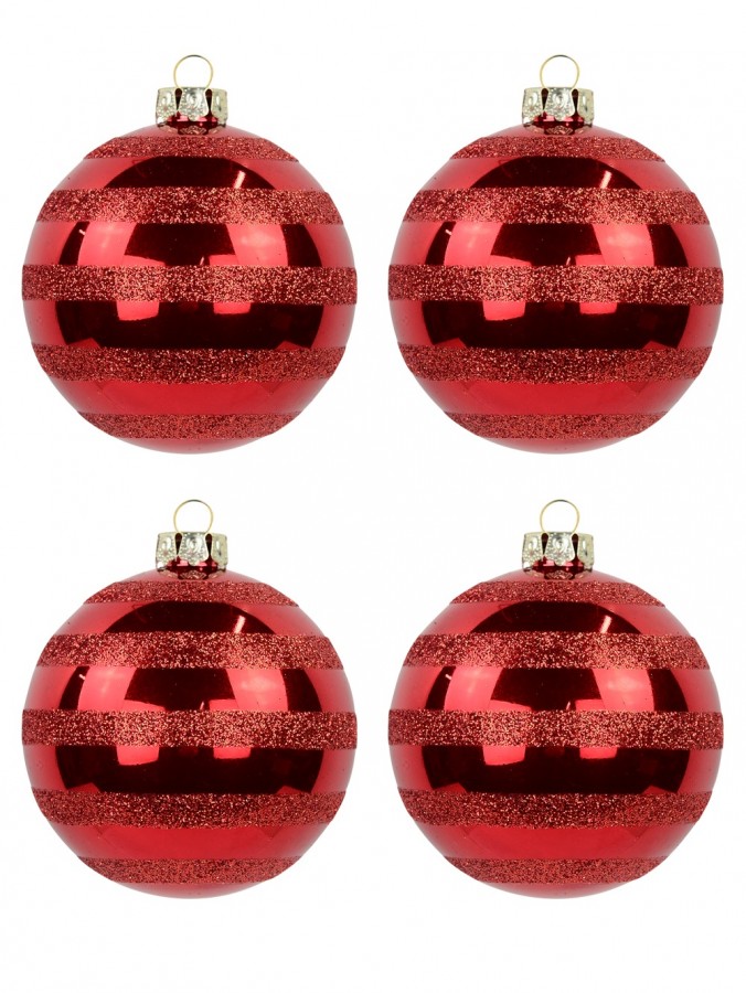 Festive Red Gloss Christmas Bauble Decorations With Glitter Stripes - 6 x 70mm