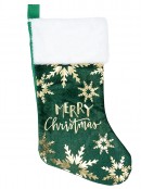 45cm Gold Merry Christmas & Snowflakes Emerald Velvet Stocking With Cuff