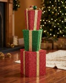 Tiered Red & Green Layered Tinsel Gift Boxes Large Display Decoration | 71cm