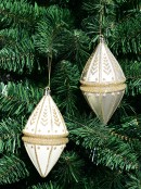 4x 14cm Ivory & Silver Oval Finial Baubles With Gold Glitter Embellishment