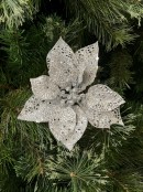 17cm Silver Perforate Petal Poinsettia Flower With Glitter Christmas Stem Pick