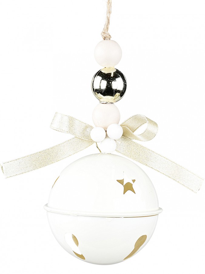 65mm White Gloss Crotal Bell With Bow & Bead Decorations