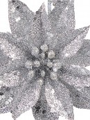 Silver Glitter Poinsettia Pick With 2 Flowers On Single Stem - 30cm