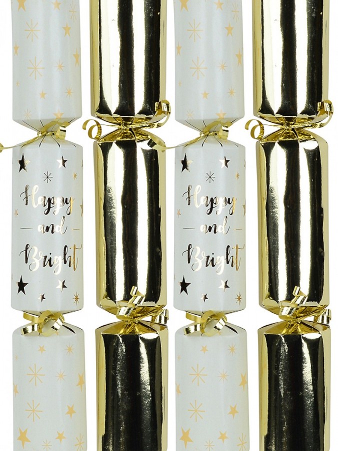 12x 30cm Gold & White Happy & Bright With Stars Pattern Christmas Bon Bons
