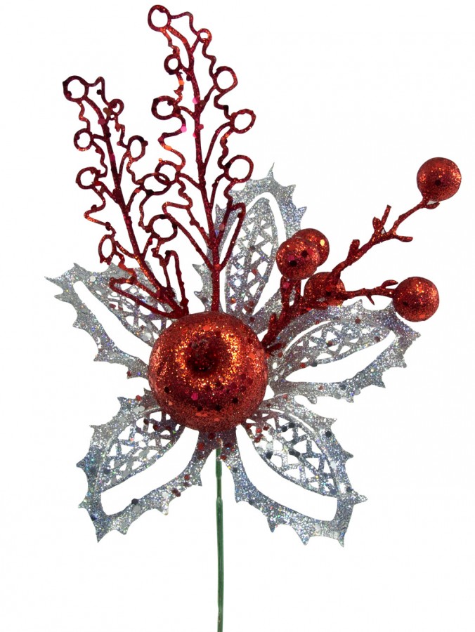 Silver & Red Poinsettia Decorative Pick With Fruit Decoration - 15cm