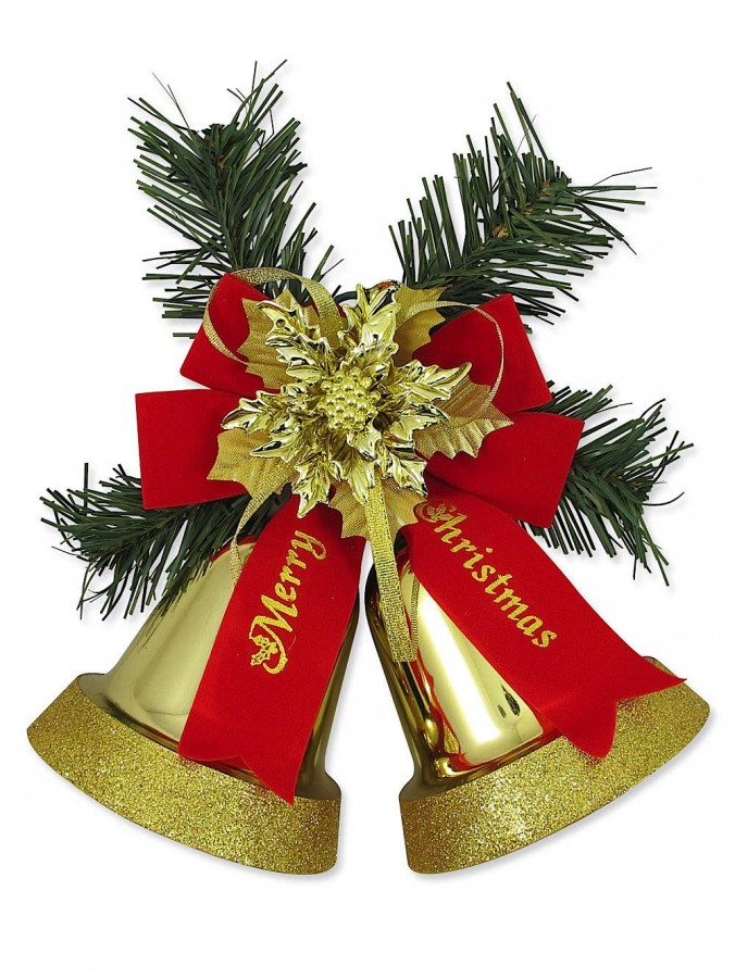 Pre-Decorated Gold Bells With Red Velvet Bow - 35cm