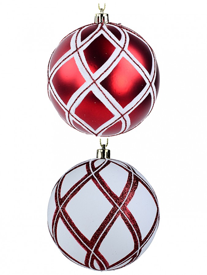 Red & White Christmas Baubles With Glitter Line Diamond Patterns - 2 x 10cm