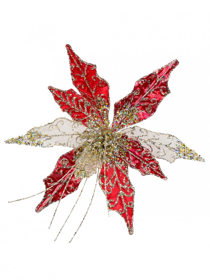 Red Velvet & Metallic Sheer Cactus Decorative Christmas Floral Pick - 22cm