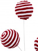 Red & White Peppermint Candy Striped Flocked Bauble Spray Stem | 55cm
