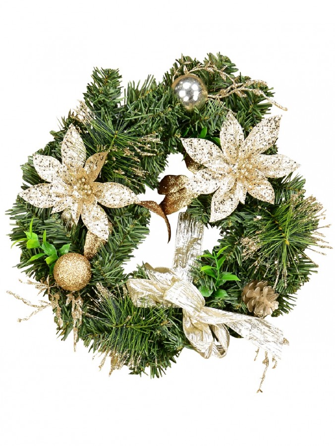 Decorated Gold & Champagne Mixed Foliage & Floral Pine Wreath - 40cm
