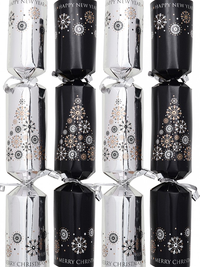 Shiny Silver & Black Snowflake Christmas Tree Cracker Bon Bons - 100 x 28cm