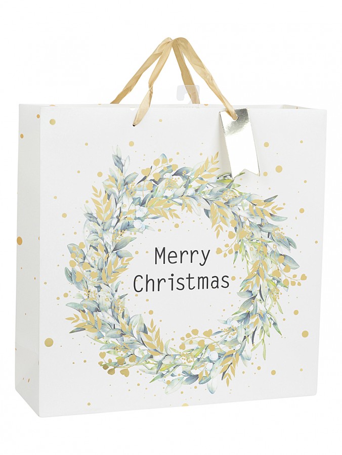Large Eggshell White Gift Bag With Merry Christmas & Foliage Wreath Print