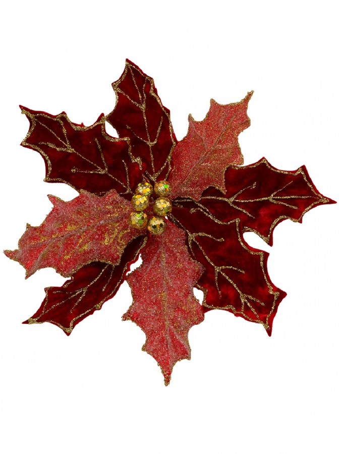 Red Glitter Felt Two Petal Style Poinsettia Christmas Flower Pick - 28cm