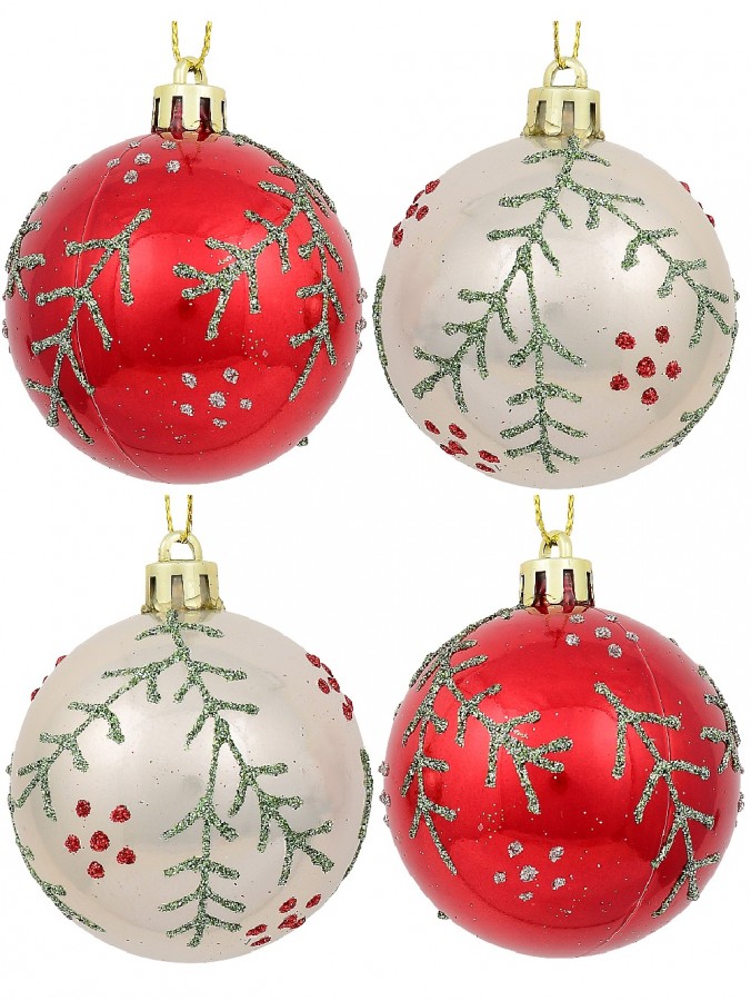 Red & Pearl Christmas Baubles With Glitter Leaves & Dots Pattern - 4 x 80mm