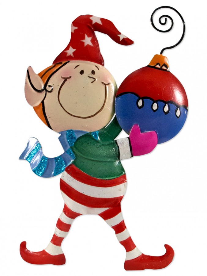 Elf Holding Large Bauble Hanging Tin Ornament - 15cm