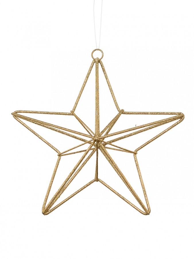Gold Glittered 3D Wire Framed Five Point Star Hanging Decoration - 16cm