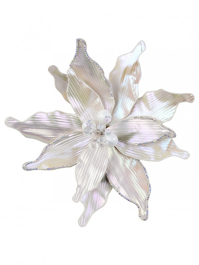 38cm Matte Pearl Poinsettia Flower With Diamantes Christmas Tree Clip Pick