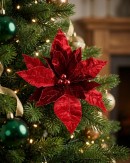 Giant Red Velour Poinsettia With Glitter Christmas Tree Clip Pick | 55cm