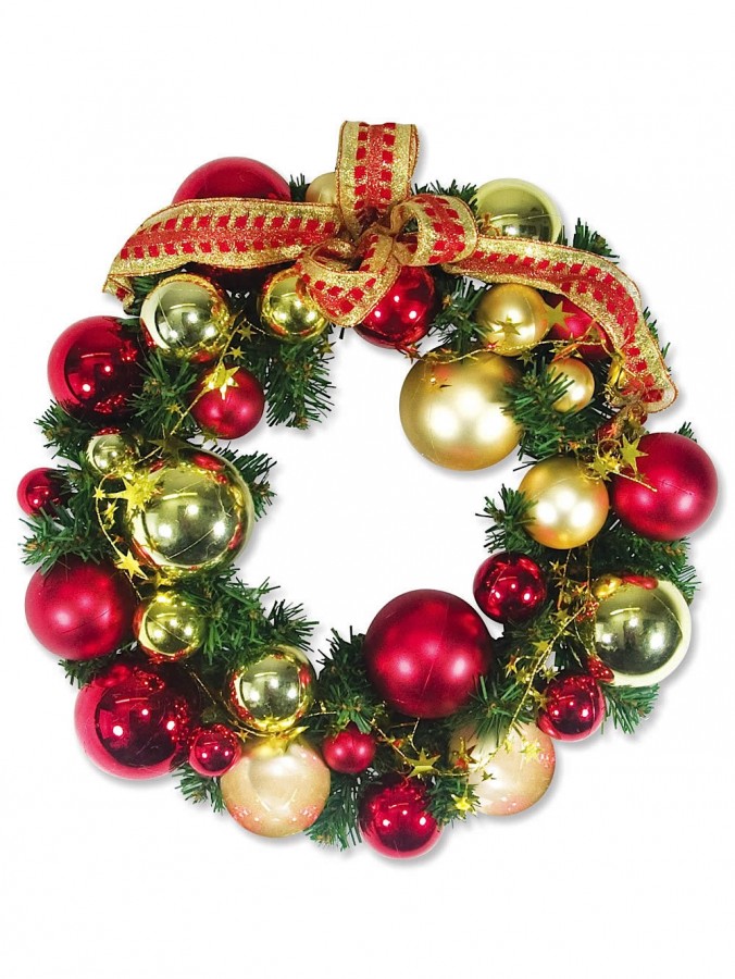 Pre-Decorated Red & Gold Bauble & Pine Wreath - 38cm