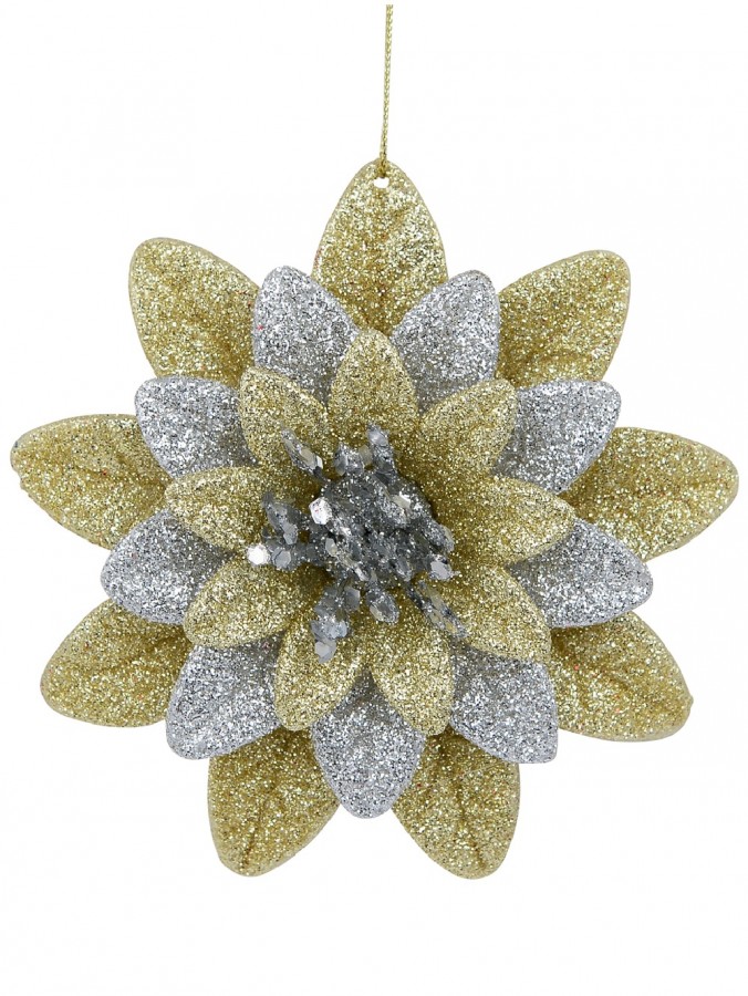 Silver & Gold Glittered Lotus Flower Christmas Tree Hanging Decoration - 11cm