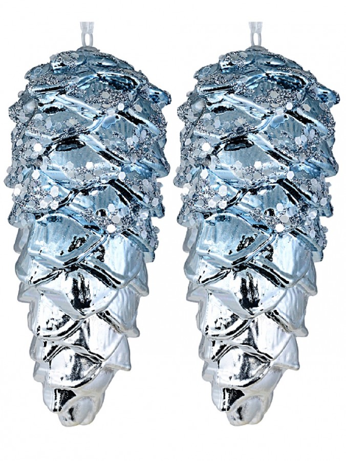 4x 11cm Silver & Blue Two Tone Natural Look Christmas Pinecones With Glitter