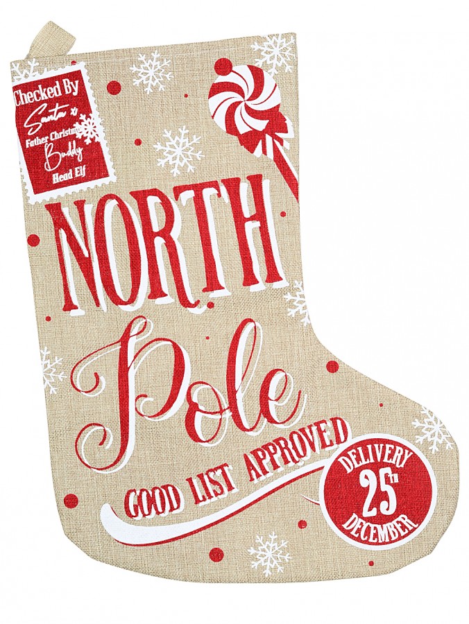 Jute North Pole Good List Approved Checked By Santa & Buddy Stocking - 50cm