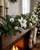 2.3m White Poinsettia and Mistletoe Christmas Garland | Gold & Silver Baubles